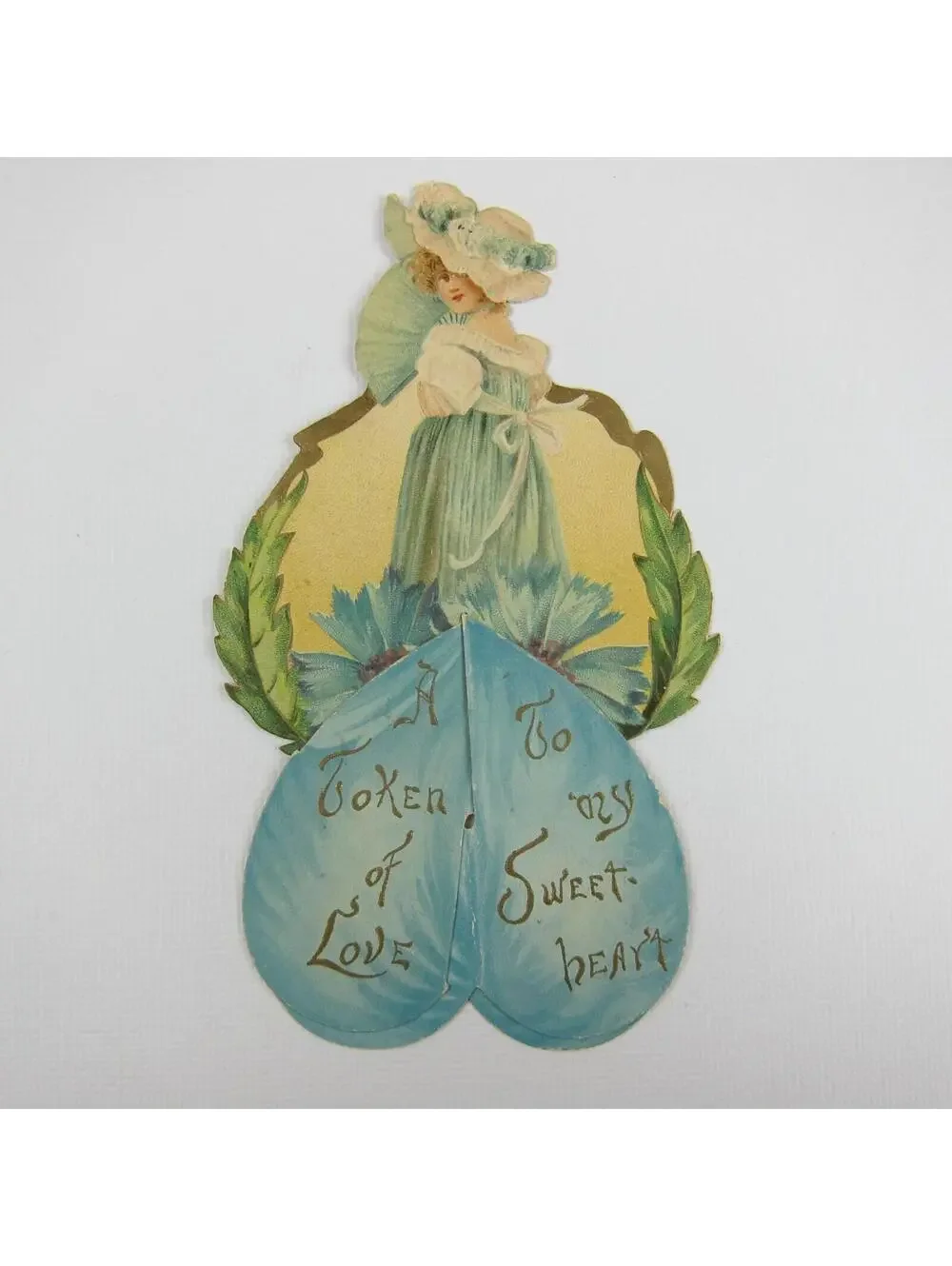 Antique Valentine Card Die Cut Stand Up Girl Hat Fan Blue Dress Flowers UNSIGNED